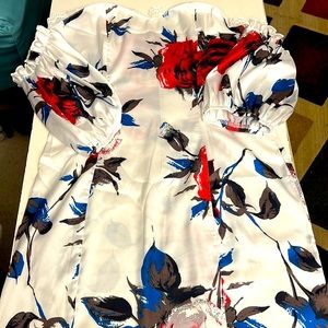 Red white and blue floral pattern with off the shoulder puff sleeves